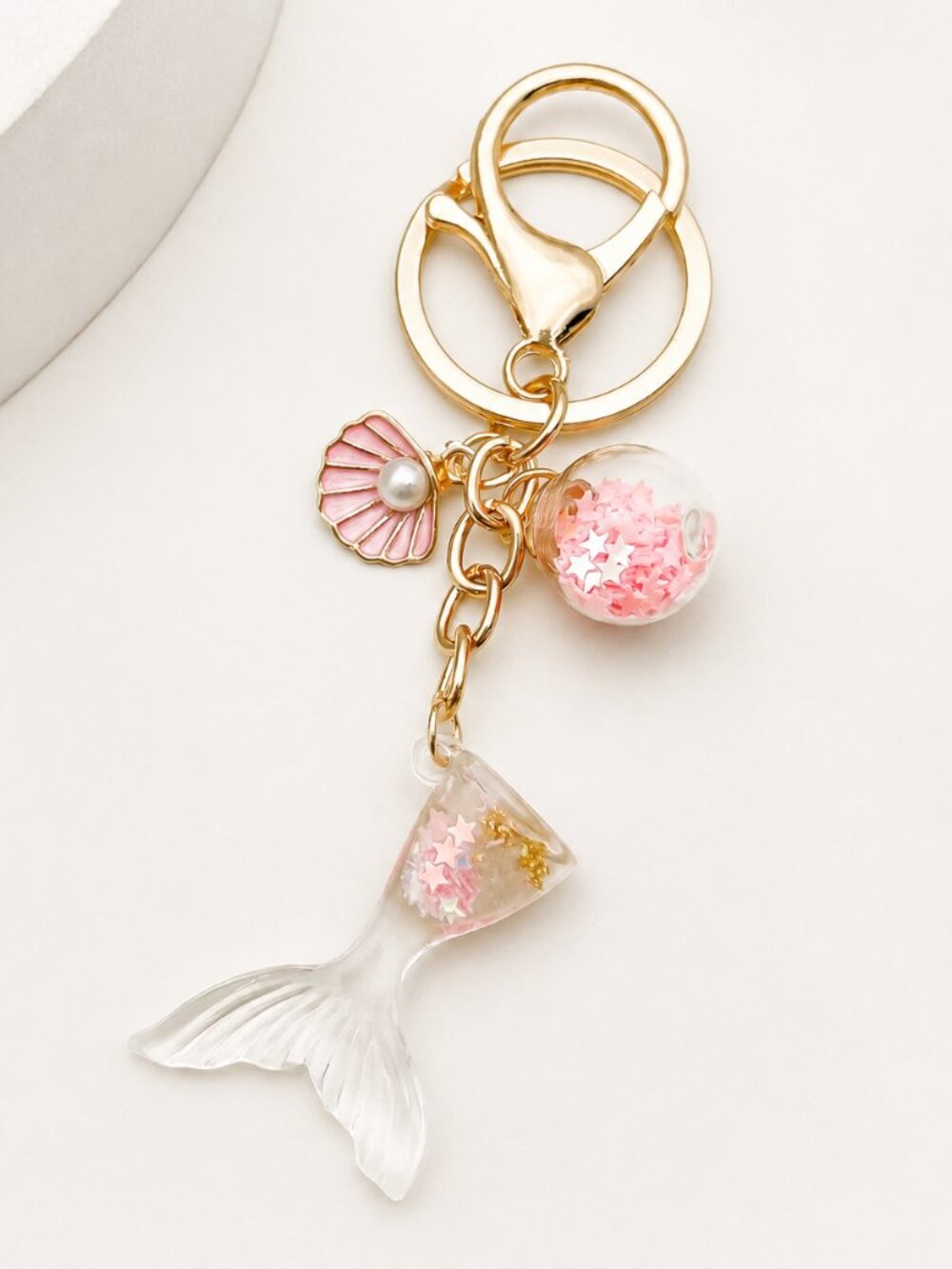 Mermaid Tail Bag Charm Keychain Pink Enamel Faux Pearl Gold-Plated Coastal NEW